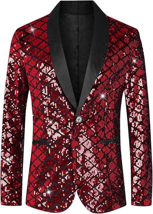 Sequin Blazer for Men's Argyle Pattern Peak Lapel Prom Shiny Sports Coat