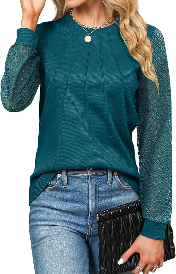 Women's Waffle Knit Tops Dressy Business Casual Blouses Lace Long Sleeve Work Shirts Fall Clothes