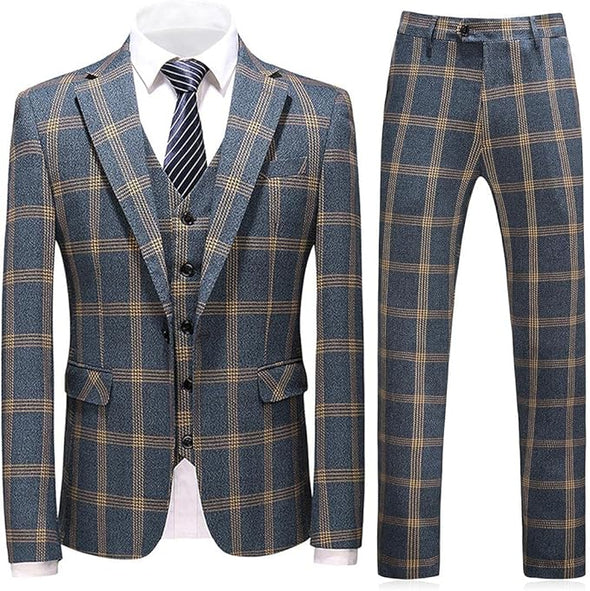 Mens Suits 3 Piece Check Plaid Suit Single Breasted One Button suits