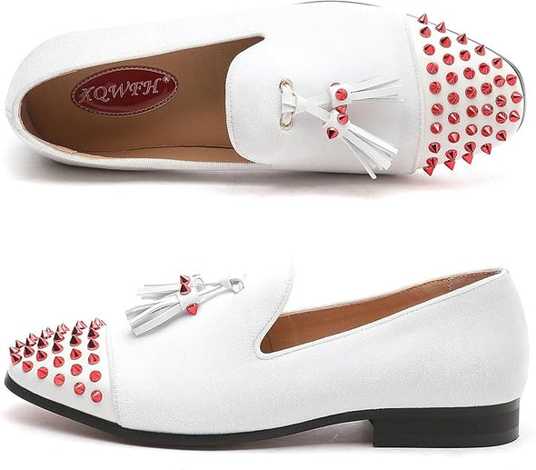 Men's Luxury Velvet Penny Loafers with Fashion Spiked, Casual Penny Loafers for Men, Noble Slip-on Dress Loafers Glitter Suede Smoking Slippers (Black)