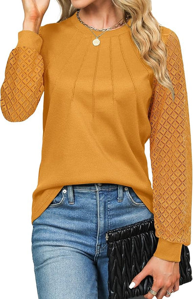 Women's Waffle Knit Tops Dressy Business Casual Blouses Lace Long Sleeve Work Shirts Fall Clothes