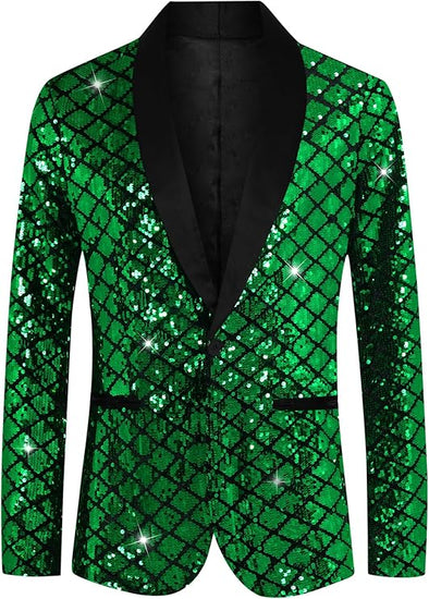 Sequin Blazer for Men's Argyle Pattern Peak Lapel Prom Shiny Sports Coat
