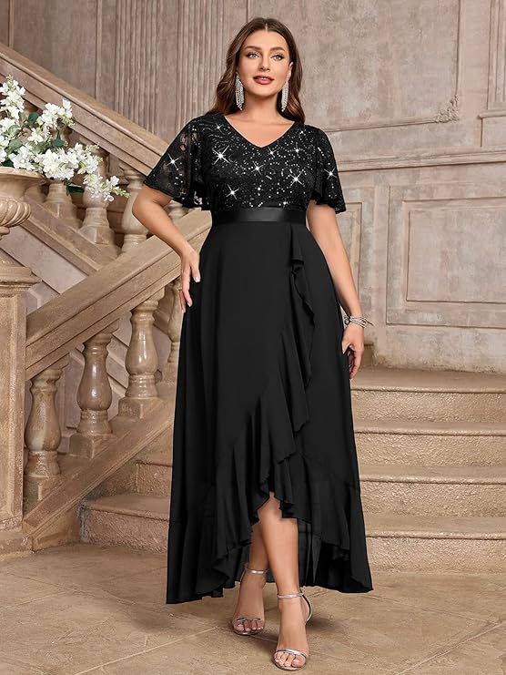 Women's Plus Size V Neck Sequin Lace Butterfly Sleeves Formal Evening Party Long Dress
