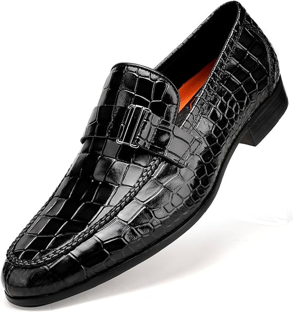 Classic Leather Dress Shoes for Men, Premium Alligator Printed Bussiness Dress Slip on Loafer for Mens