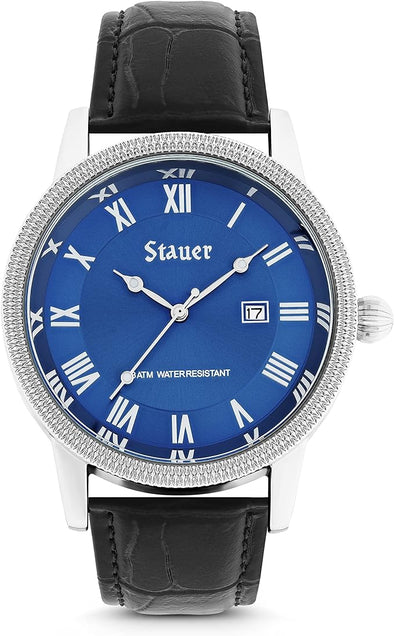 Stauer Urban Blue Watch for Men – Blue-Dial Analog Watch w/Stainless Steel Watch Case Back– Genuine Leather Watch Strap – Quartz Movement Wrist Watch – Luxury Gift for Men
