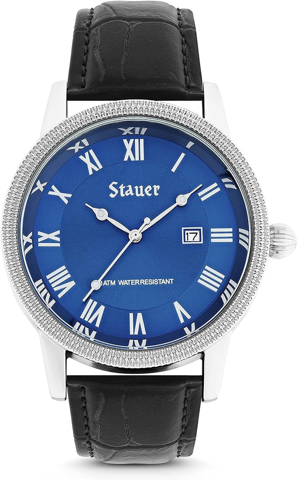 Stauer Urban Blue Watch for Men – Blue-Dial Analog Watch w/Stainless Steel Watch Case Back– Genuine Leather Watch Strap – Quartz Movement Wrist Watch – Luxury Gift for Men