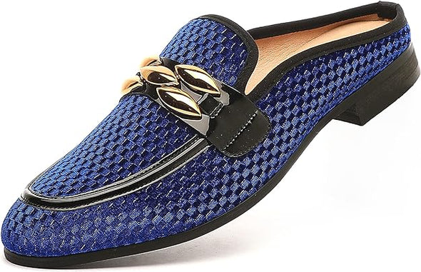 Men's Slip-on Mule Sandals Loafer with Gold Buckle,Fashion Leather Formal Wear Casual Backless Dress Slippers