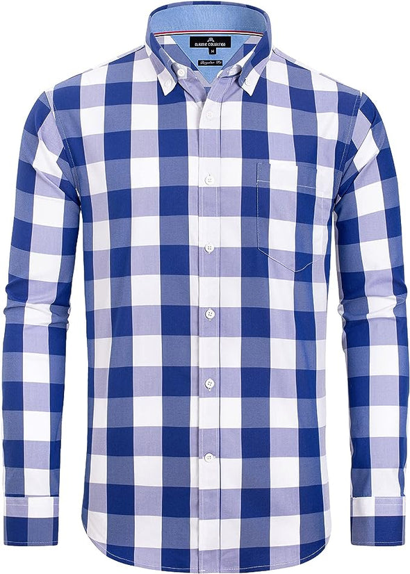 Men's Plaid Button Down Shirts Cotton Long Sleeve Dress Shirts Regular Fit Gingham Shirts