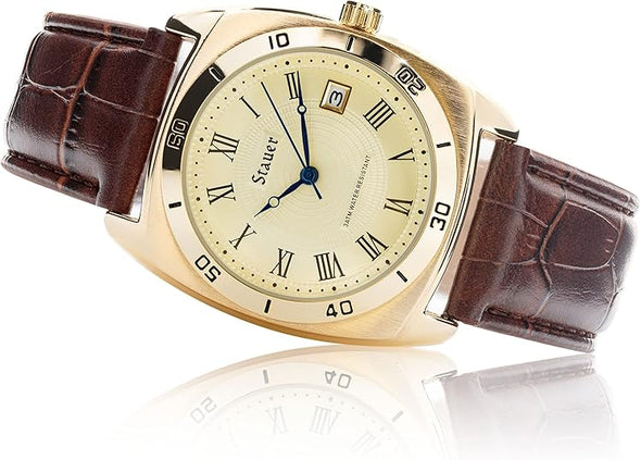Stauer Timemaster Piezo Watch for Men – 36mm Gold-Finished Alloy Watch Case with Genuine Brown Leather Band and Cotswold Crystal