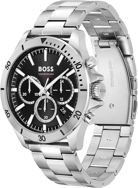 BOSS Troper Men's Chronograph Stainless Steel Case and Link Bracelet Watch, Color: Silver