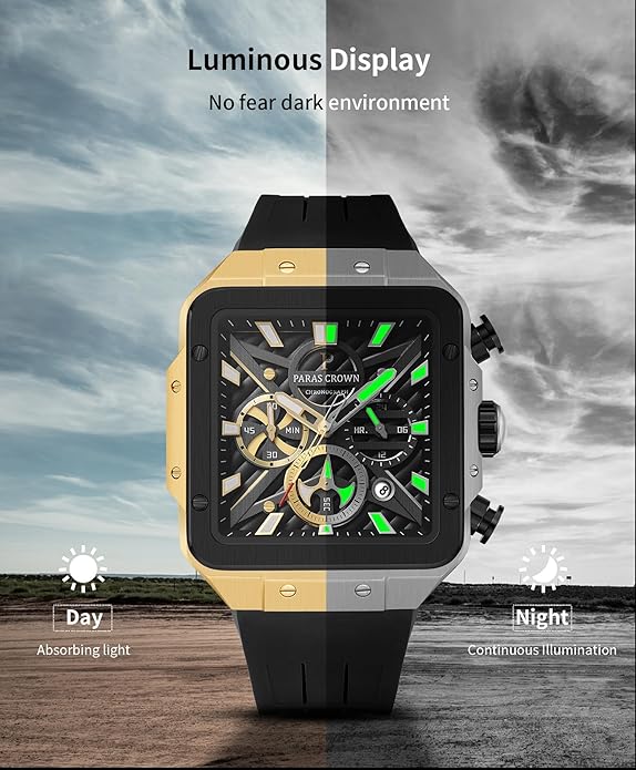 Mens Watches Ultra-Thin Square Stainless Steel case Silicone Strap with Analog Quartz for Chronograph Luminous Calendar Waterproof for Quartz Watch for Men