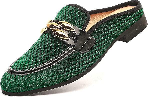 Men's Slip-on Mule Sandals Loafer with Gold Buckle,Fashion Leather Formal Wear Casual Backless Dress Slippers