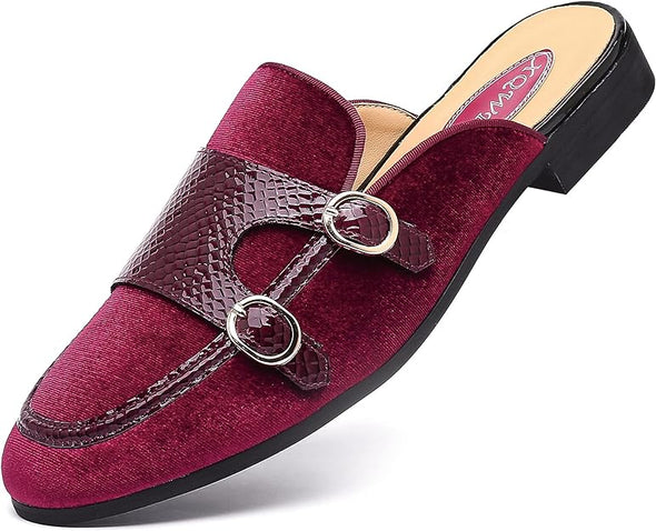 Men's Slip-on Mule Sandals Loafer with Gold Buckle,Fashion Leather Formal Wear Casual Backless Dress Slippers