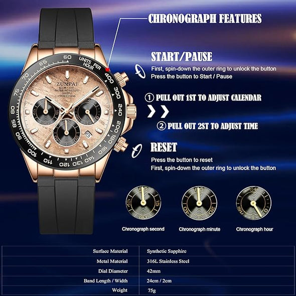 Men's Watch Panda Chronograph Dial Fashion Quartz Movement Wrist Watch Analog Business Waterproof Scratch Resistant Silicone Strap Rubber Band Sports Watches for Men