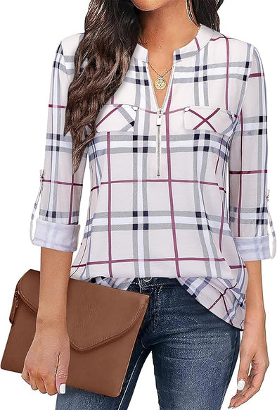 Women's Zip Front V-Neck 3/4 Sleeve Tunic Casual Top