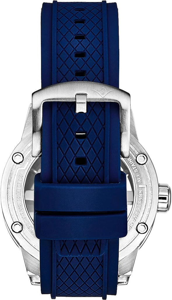 Original Mens Automatic Watch Skeleton Stainless Steel Self Winding Dress Watch with Rubber Strap 50MM (Silver Blue)