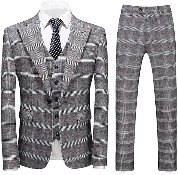 Mens Suits 3 Piece Check Plaid Suit Single Breasted One Button suits