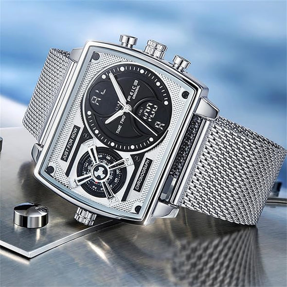 New Multi-Functional Men's Watch Square Large Dial Trendy Fashion Digital & Analog Quartz Watch
