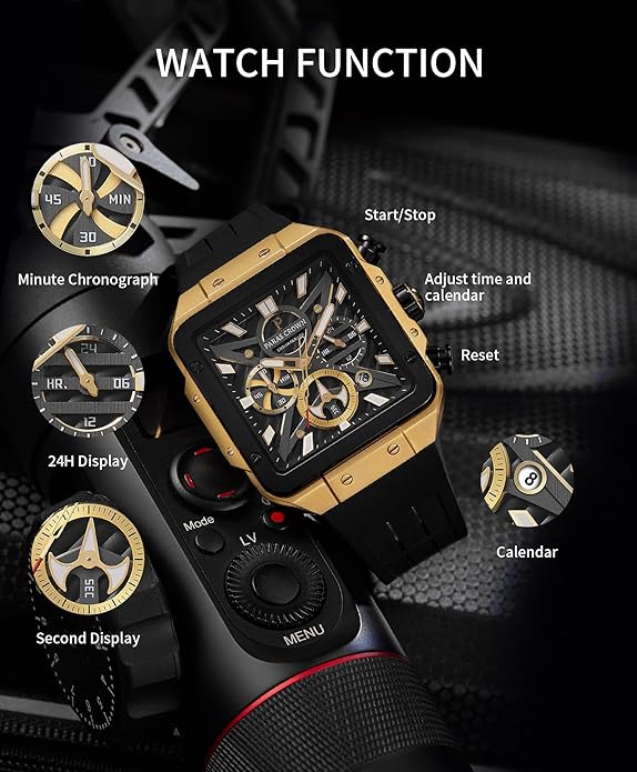 Mens Watches Ultra-Thin Square Stainless Steel case Silicone Strap with Analog Quartz for Chronograph Luminous Calendar Waterproof for Quartz Watch for Men