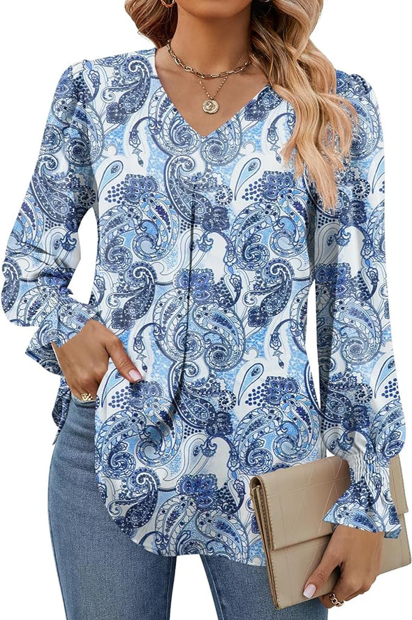 Women's 2024 Long Sleeve Tops Dressy Casual V Neck Tunic Shirts Loose Chiffon Work Blouse