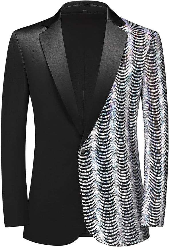 Men Black Sequin Shiny Prom Suit Jacket One Button Slim Fit Sport Coats and Blazers Tuxedo for Wedding