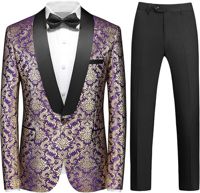 uxedo Suits for Men Paisley Floral 2 Piece Set Baroque Patterm Jacket and Black Pants