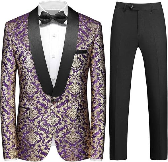 uxedo Suits for Men Paisley Floral 2 Piece Set Baroque Patterm Jacket and Black Pants
