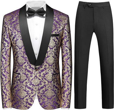 uxedo Suits for Men Paisley Floral 2 Piece Set Baroque Patterm Jacket and Black Pants