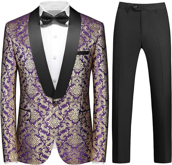 uxedo Suits for Men Paisley Floral 2 Piece Set Baroque Patterm Jacket and Black Pants