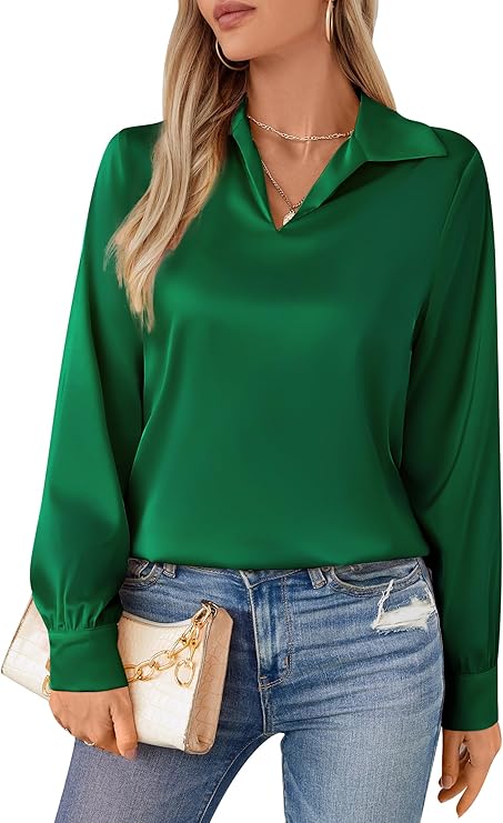 Womens Silky Satin Blouses Collared V Neck Long Sleeve Dress Shirts Business Casual Work Blouse Tops for Women