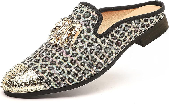 Men's Slip-on Mule Sandals Loafer with Gold Buckle,Fashion Leather Formal Wear Casual Backless Dress Slippers