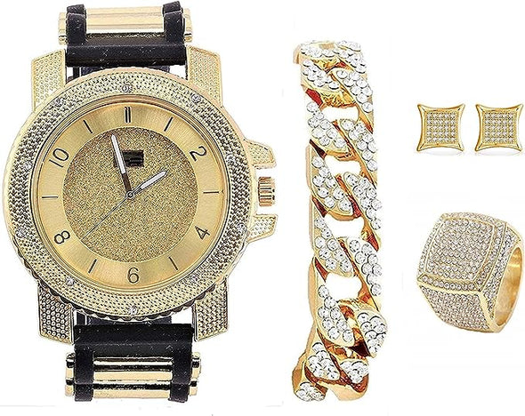 Hip Hop Watch & Jewerly Set w/Cuban Chain Bracelet, Kite Bling Earrings & Ring - GJM13