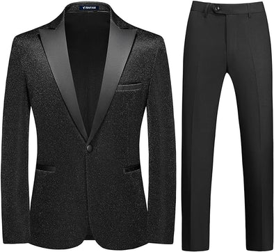 Mens Tuxedo Suits Slim Fit Party Blazer for Men Shiny Dress Coat Jackets Classic Regular Fit 2 Piece Suits Set