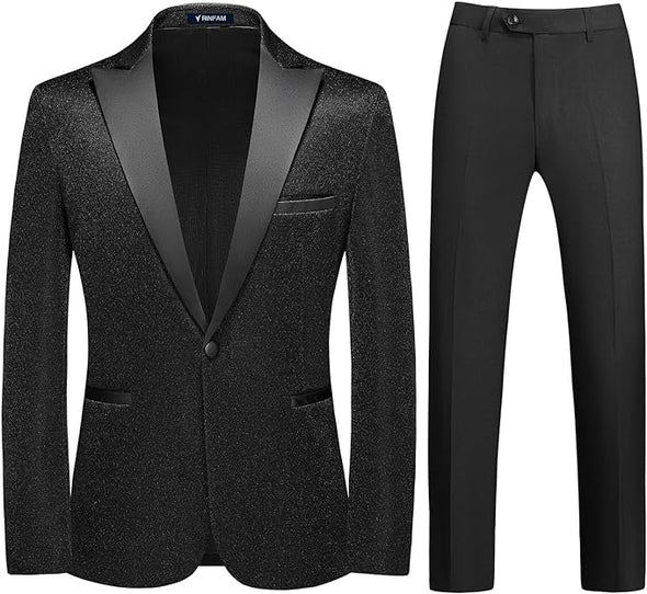 Mens Tuxedo Suits Slim Fit Party Blazer for Men Shiny Dress Coat Jackets Classic Regular Fit 2 Piece Suits Set