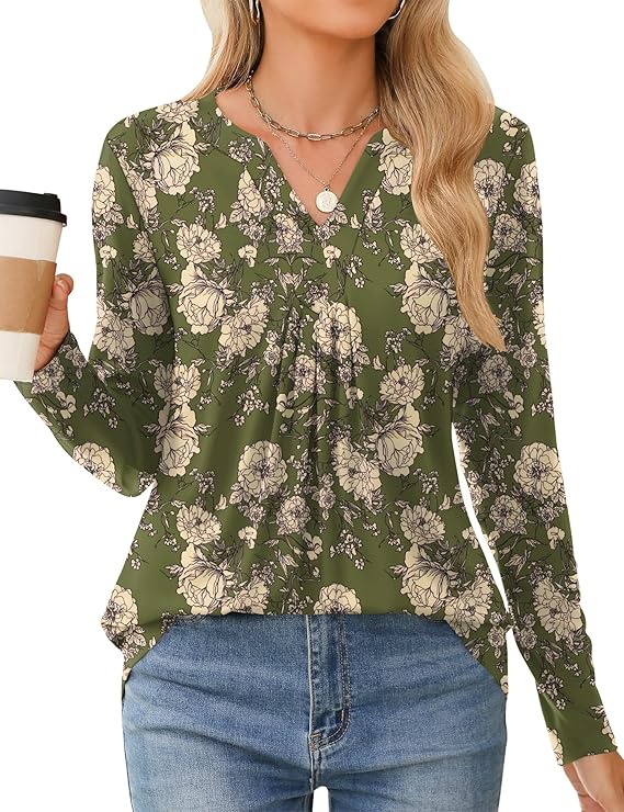 Womens Tops Fall 2024 Long Sleeve Blouses Dressy Casual V Neck Pleated Work Shirts