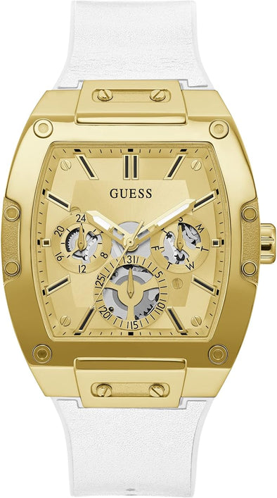GUESS Men's Trend Multifunction Watch – Gold-Tone Dial & Stainless Steel Case with White Silicone Strap