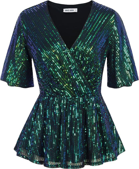 Womens Sequin Tops Sparkle Shimmer Ruffle Wrap Blouse Party Shirt V Neck Short Split Sleeve Peplum Top