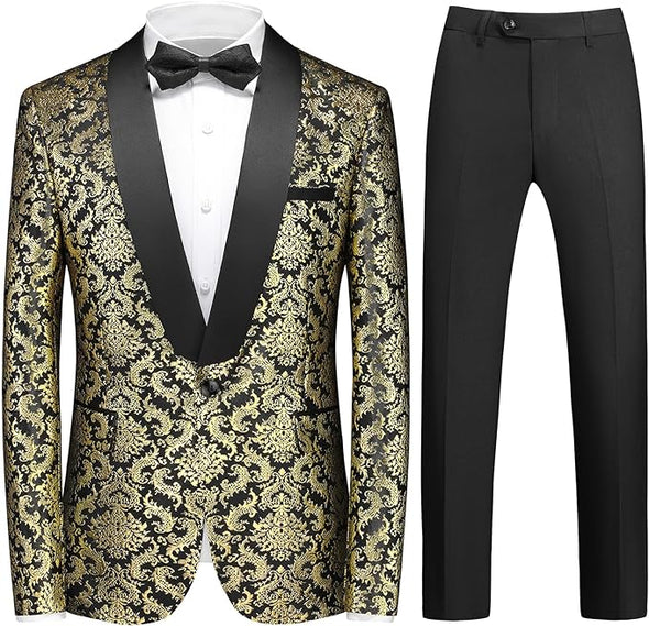 uxedo Suits for Men Paisley Floral 2 Piece Set Baroque Patterm Jacket and Black Pants
