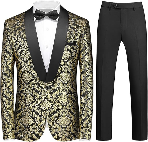 uxedo Suits for Men Paisley Floral 2 Piece Set Baroque Patterm Jacket and Black Pants
