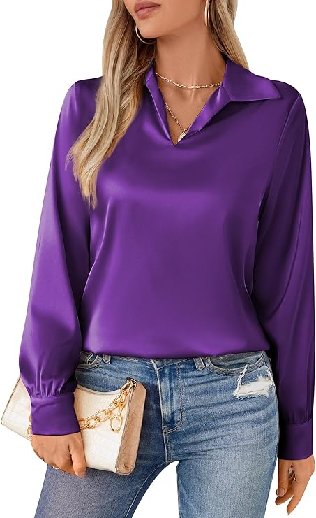 Womens Silky Satin Blouses Collared V Neck Long Sleeve Dress Shirts Business Casual Work Blouse Tops for Women