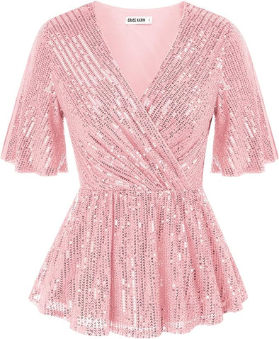Womens Sequin Tops Sparkle Shimmer Ruffle Wrap Blouse Party Shirt V Neck Short Split Sleeve Peplum Top