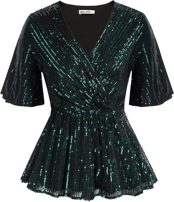 Womens Sequin Tops Sparkle Shimmer Ruffle Wrap Blouse Party Shirt V Neck Short Split Sleeve Peplum Top