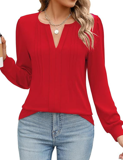 Womens Long Sleeve Shirts Puff Sleeve V Neck Pleated Shirts Loose Fit Blouses for Dressy Casual 2024 Fall Tops