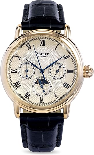 Stauer Automatic Watches for Men – Men Watches w/3 Interior Day, Date & 24-hour Clock Dials – Mens Watches w/Stainless Case & Black Leather Band – Water Resistant Watch for Men