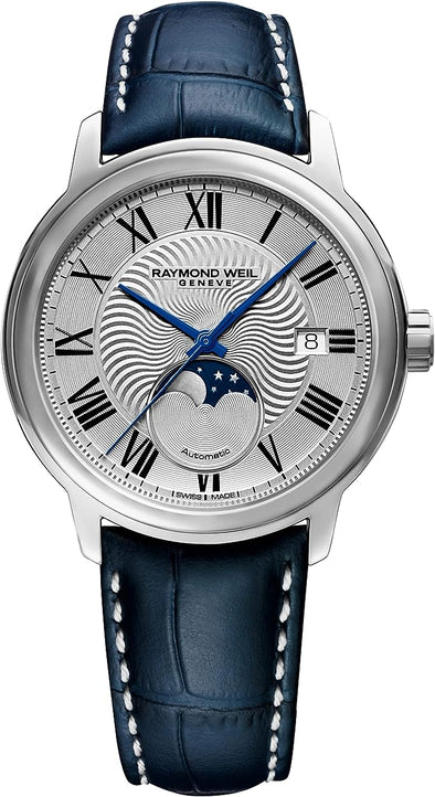 RAYMOND WEIL Maestro Men's Automatic Watch, Silver Dial Roman Numerals, Moon Phase, Blue Leather Strap