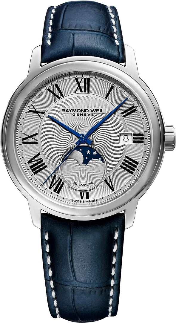 RAYMOND WEIL Maestro Men's Automatic Watch, Silver Dial Roman Numerals, Moon Phase, Blue Leather Strap