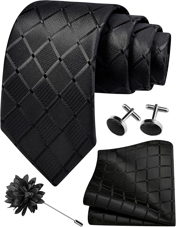 Mens Tie and Lapel Pin Plaid Checkered Necktie Hankerchief Cufflinks Set for Men