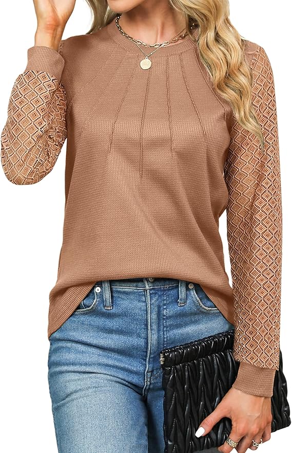 Women's Waffle Knit Tops Dressy Business Casual Blouses Lace Long Sleeve Work Shirts Fall Clothes