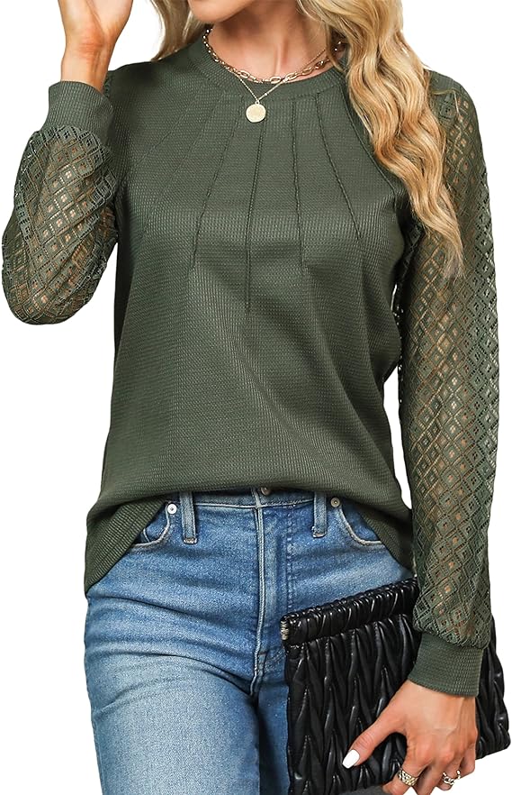 Women's Waffle Knit Tops Dressy Business Casual Blouses Lace Long Sleeve Work Shirts Fall Clothes