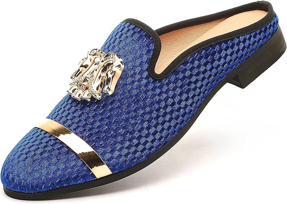 Men's Slip-on Mule Sandals Loafer with Gold Buckle,Fashion Leather Formal Wear Casual Backless Dress Slippers